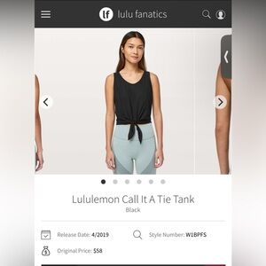 lululemon athletica Black Tie Front Tank Top. P2P 17”